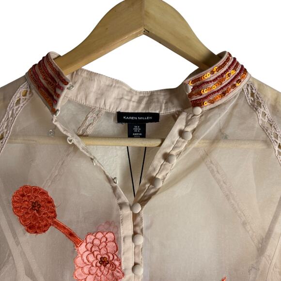 Karen Millen Organdie Applique Buttoned Sheer Long Sleeve Sequined Blouse 4 - Picture 4 of 12